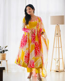 Women Floral Print Anarkali Kurta With Pant And Duptta (Medium Yellow),Yellow,M,Georgette,Anarkali,Dupatta