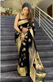 Sugathari Womens Banarasi Saree Pure Kanjivaram Silk Saree Soft New Ladies 2023 Design Wear Pattu Sarees Latest Cotton Party Sari Collections With Blouse Piece For Wedding Sadi (Pari 122 Black)