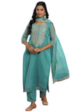 Libas Womens Embellished Organza Straight Kurta With Trousers And Dupatta