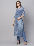 Anni Designer Women'S Cotton Blend Printed Straight Kurta With Pant (Ubika Blue_S_Blue_Small),Blue,S,Cotton Blend,Regular,Kurta