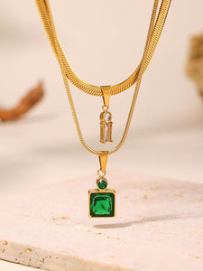 Layered Gold Chain Necklace with Green Zircon & Crystal Drop Pendant Stainless Steel Adjustable 15.7''+1.9'' Elegant Womens J