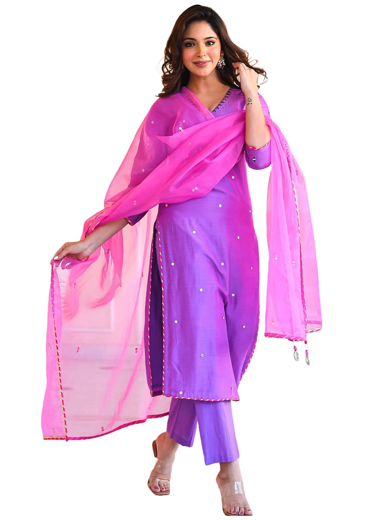 Anni Designer Women'S Cotton Blend Mirror Work Straight Kurta With Pant & Dupatta (Mirror-Purple_Xxl_Purple_Xx-Large),Purple,2XL