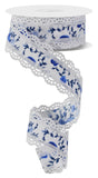 Mini Roses Wired Ribbon with Scalloped Lace Edges for Bows, Wreaths, Flower Arrangements, Crafts and Decorations (White, Blue, L