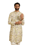 Manyavar Men's Linen Blend Digital Floral Print Long Kurta (Green,3XL)