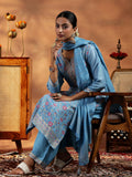Libas Womens Woven Design Silk Blend Straight Kurta With Palazzos And Dupatta Blue L