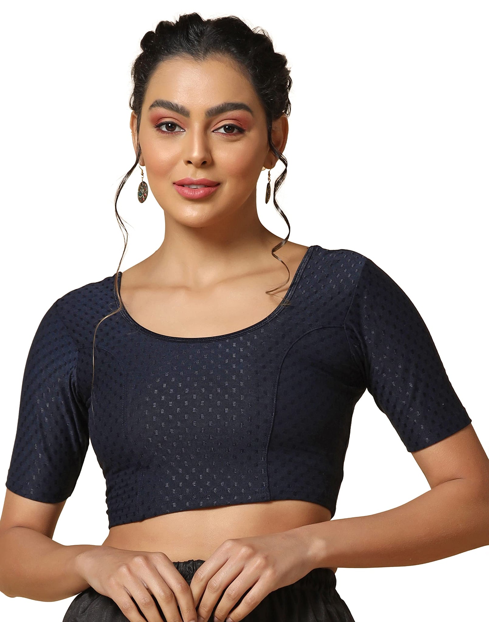 Toplot Cotton Blend Lycra Stretchable Round Neck Blouses For Women Readymade (Blouse-5058-Navy-38),Blue,38,B0BWYRPCS1