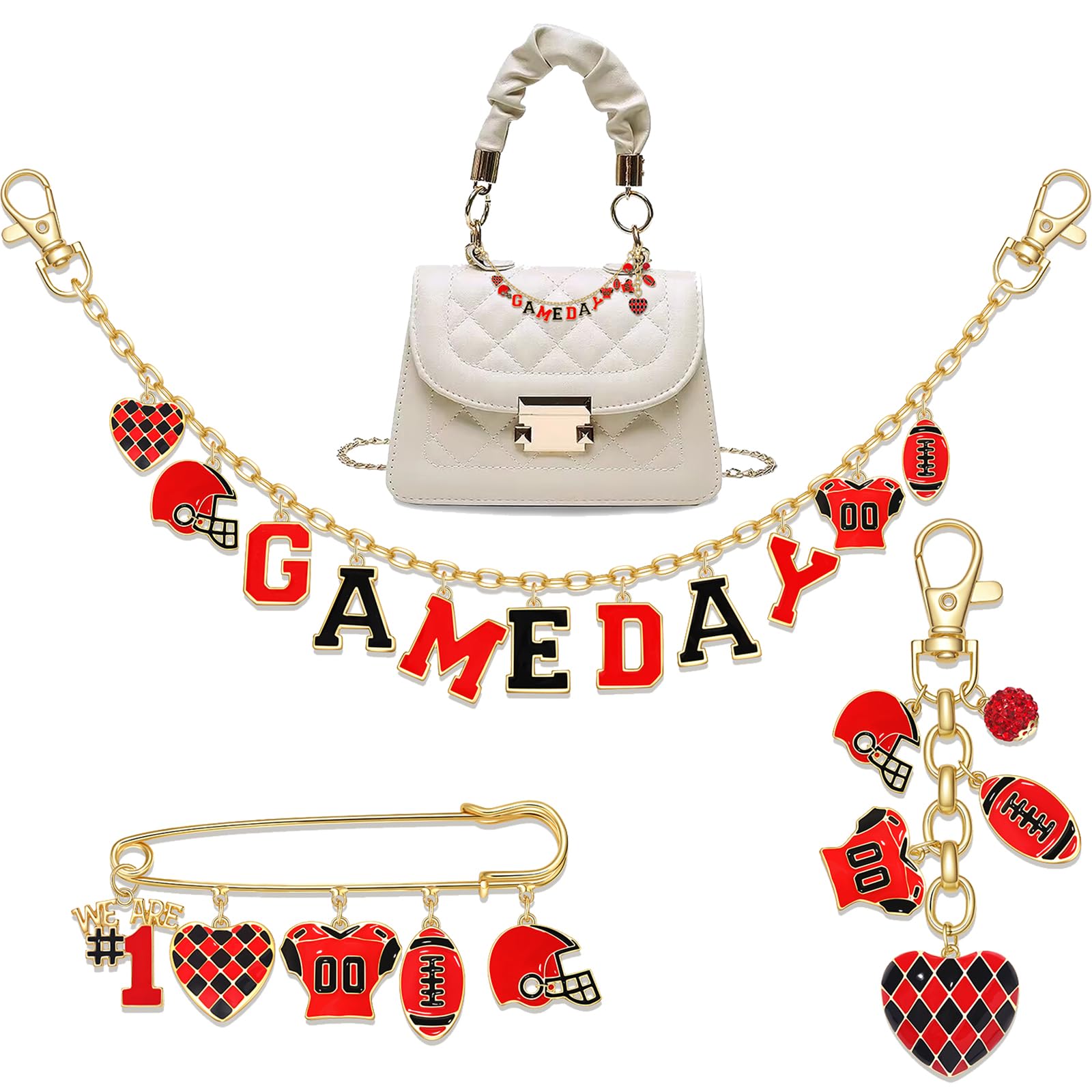 NVENF 3PCS Football Bag Charms Keychain for Women Men Game Day Purse Charms Football Cheer Mom Accessories Essentials Gifts (Red