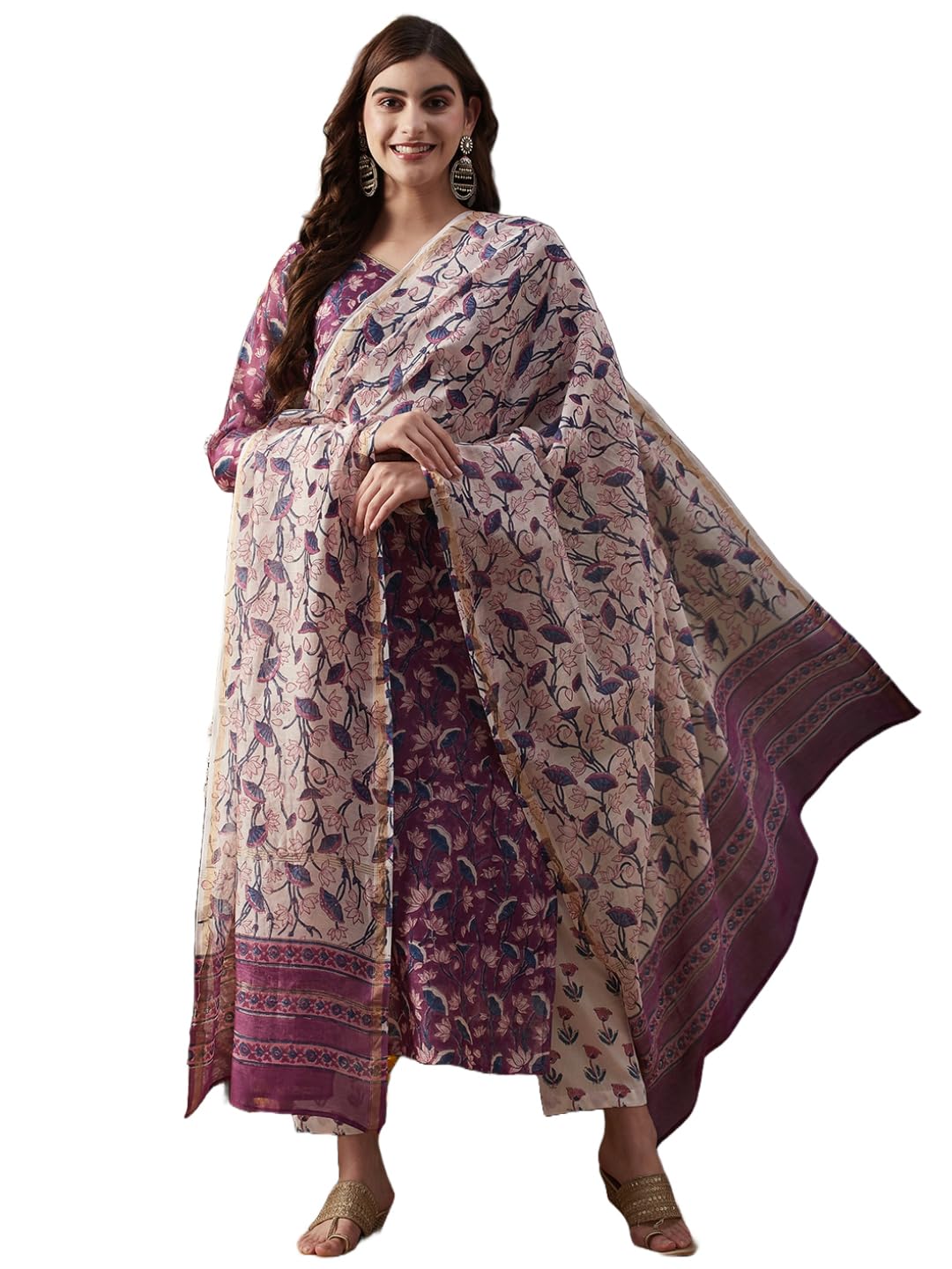 Gosriki Women'S Cotton Blend Straight Printed Kurta With Pant & Dupatta (Gopmata Pink-Gs_S_Pink_Small),Pink,,B0CP79ZTD9