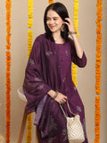 Anni Designer Women'S Rayon Blend Anarkali Printed Kurta With Pant & Dupatta (Gangori Wine-Vks01_M_Wine_Medium),Wine,M,,,