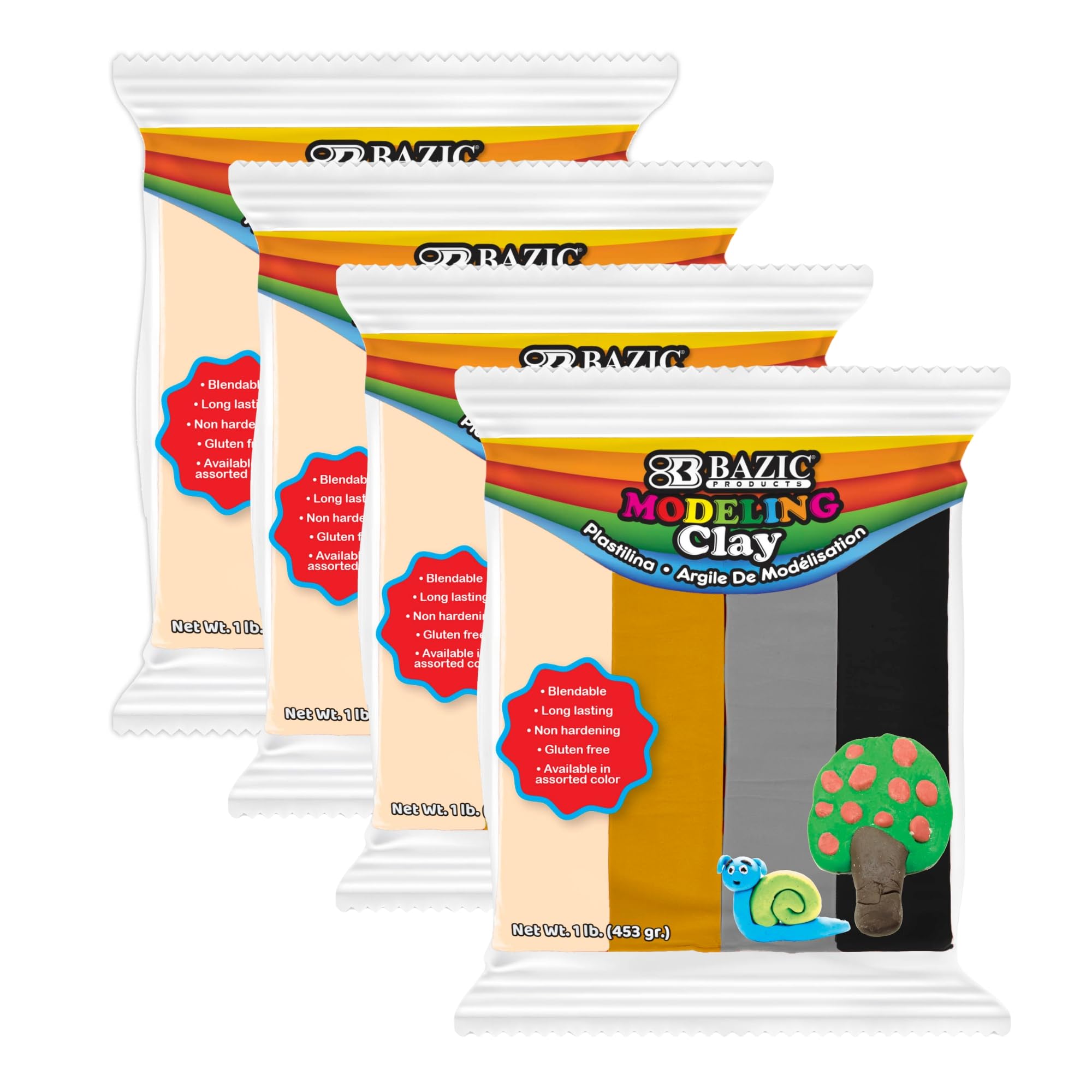 BAZIC Products Modeling Clay Natural Earth Color 1 LB, Modeling Dough Non Toxic Gift for Artist Kids, Bulk for Classroom, 4-Pack