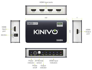 Kinivo HDMI Switch 4K HDR 550BN (5 in 1 out, 4K 60Hz HDR, HDMI 2.0, High Speed 18Gbps, IR Remote, HDCP) - Compatible with Roku,