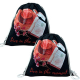 Black EcoFriendly Cotton Jute Drawstring Backpack Lightweight, Spacious & Durable Gym Sack Bag with Live in the Moment Prin