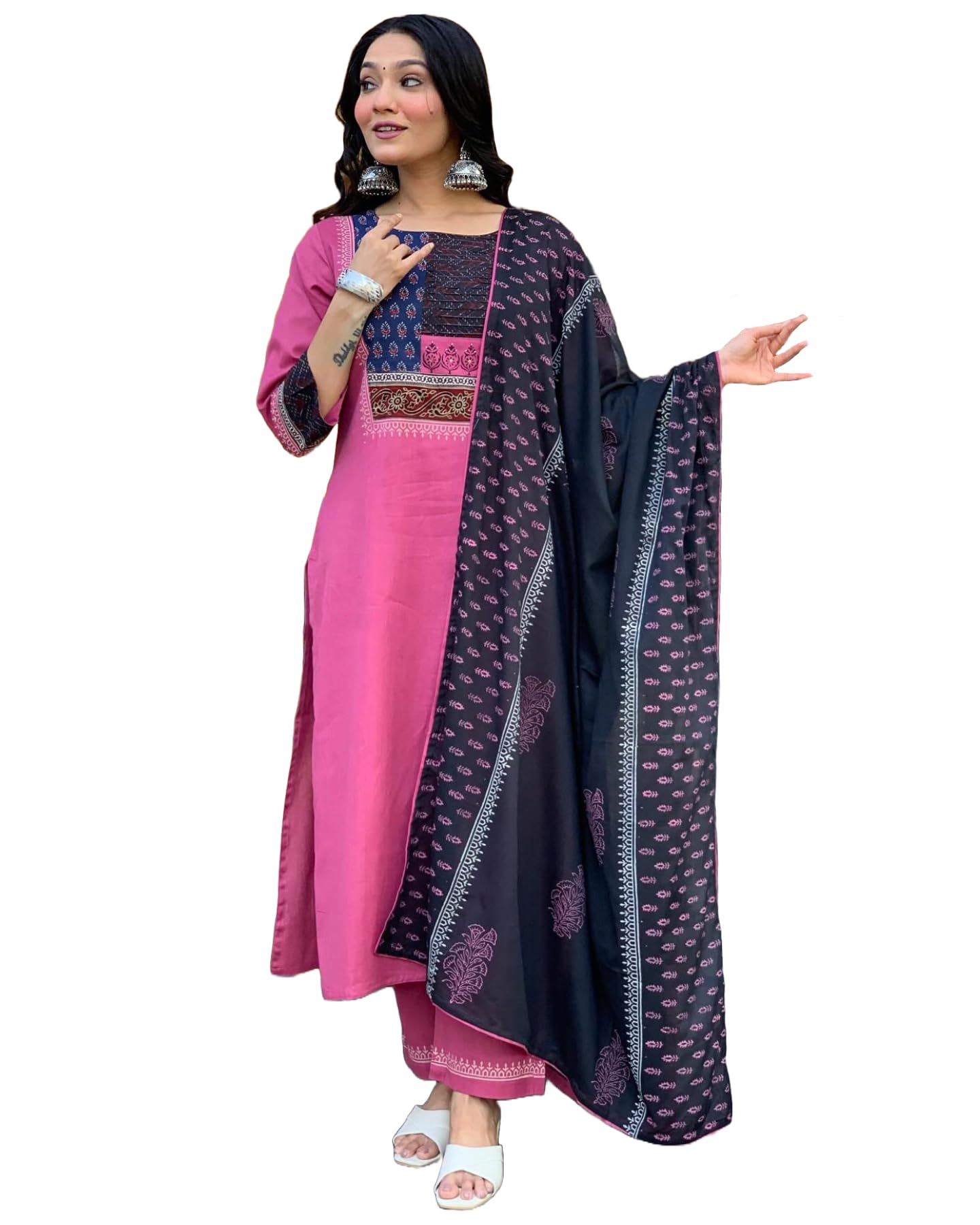 Anni Designer Women'S Cotton Blend Straight Printed Kurta With Pant & Dupatta (Radhani Pink_Xl_Pink_X-Large),Pink,XL