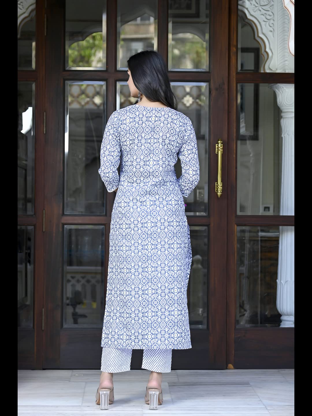 Gosriki Women'S Cotton Blend Straight Printed Kurta With Pant (Kavi Grey-Cmd-Gs_M_Grey_Medium),Grey,,B0C6GX4C5Y