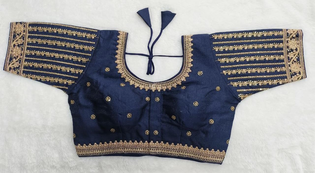 Vihu Fashion Women'S Readymade Blouse Embroidery Multi Coding Gold Thread Indian Ethnic Designer Stitched Women'S Saree Half Sleeve Navy Blue Color Blouse For Women For Saree Lehenga Choli
