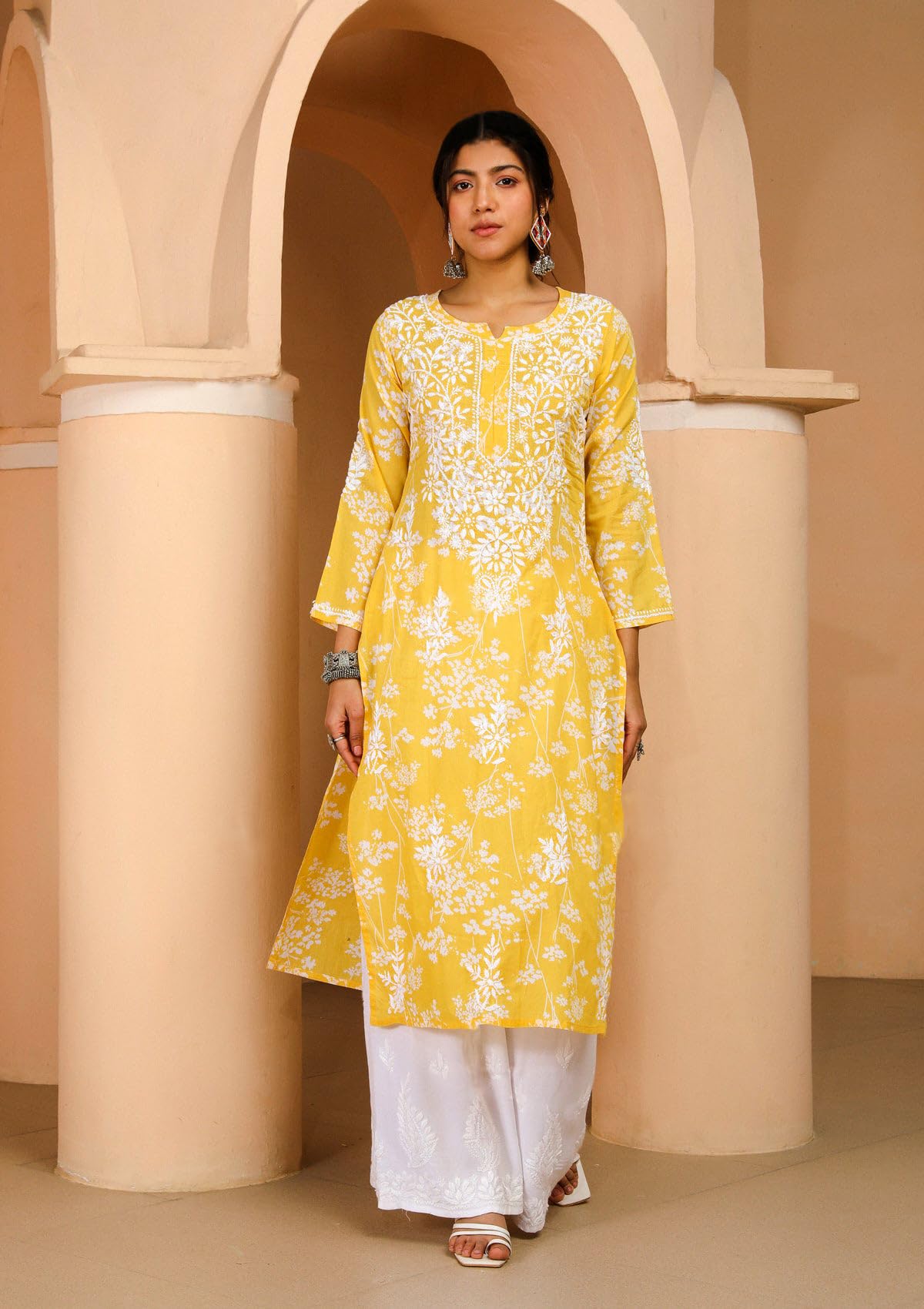 Anni Designer Women'S Cotton Blend Chikankari Embroidered Straight Kurta (Zainab Yellow_S_Yellow_Small),Yellow,S,Cotton Blend,Regular,