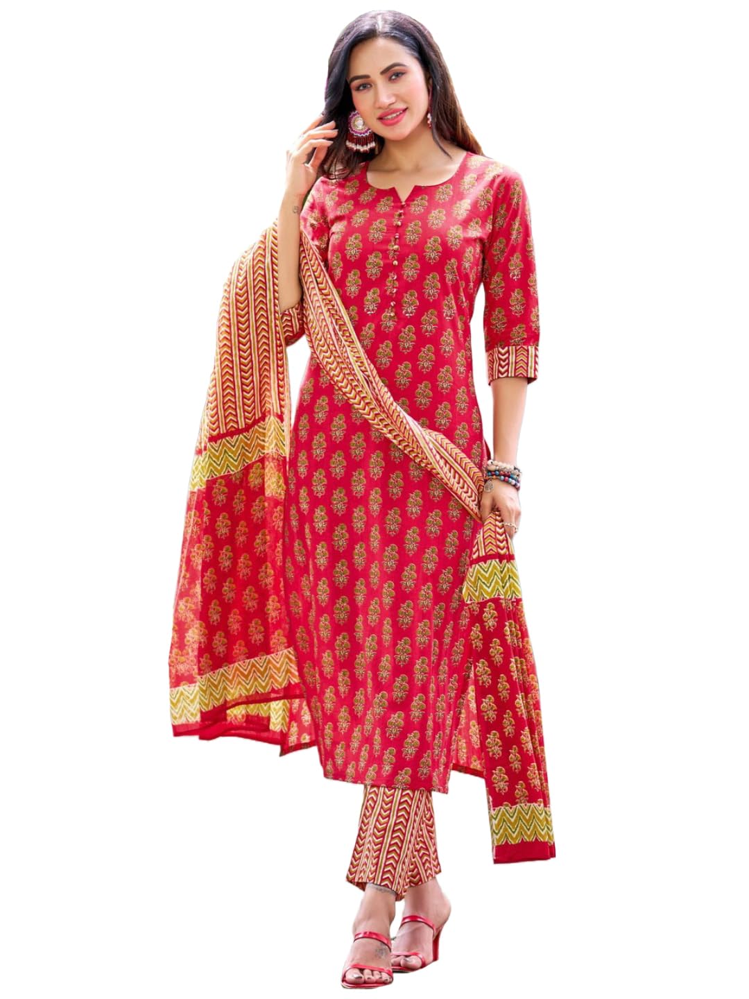 Gosriki Women'S Cotton Blend Straight Printed Kurta With Pant & Dupatta (Gaytri Red-Nrw-Gs_M_Red_Medium),Red,,B0CCL2FRHP