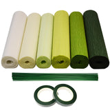 Chaekoy Crepe Paper - 6 Rolls Green 10 Inch Wide Streamers, Flower Making Kits With Floral Tape and Stem Wire for Wedding, Festi