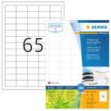 HERMA 10725 Recycled Labels, 80 Sheets, 38.1 x 21.2 mm, 65 per A4 Sheet, Pack of 5200, Self-Adhesive, Printable, Matt, Blank Rec