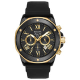 Bulova Mens Marine Star Series A Black and Rose Gold IonPlated Stainless Steel 6Hand Chronograph Quartz Watch, Black Silicone