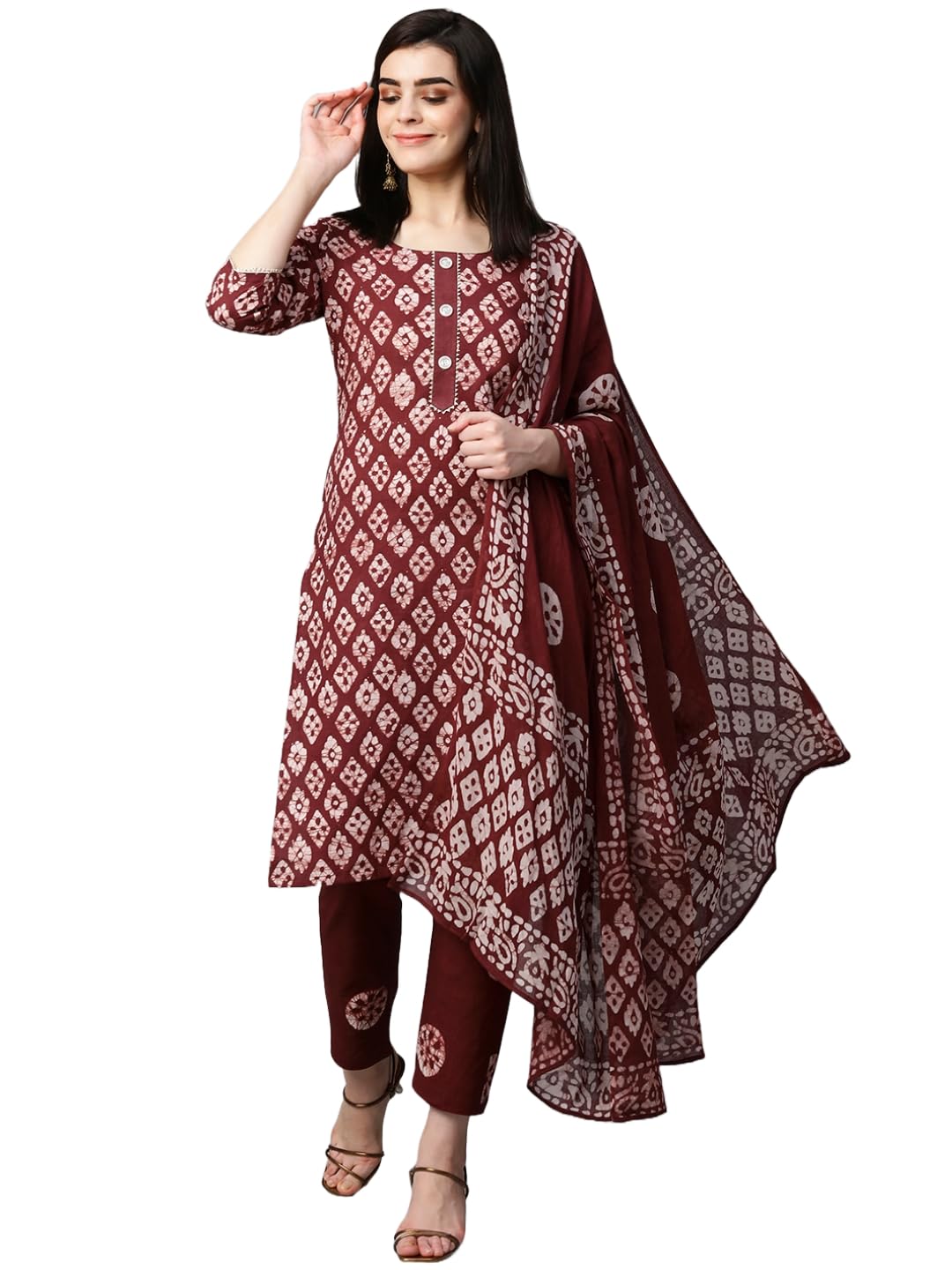 Anni Designer Women'S Cotton Blend Printed Straight Kurta With Pant & Dupatta (Sayara-Wine-Nw_M_Wine_Medium),Wine,M