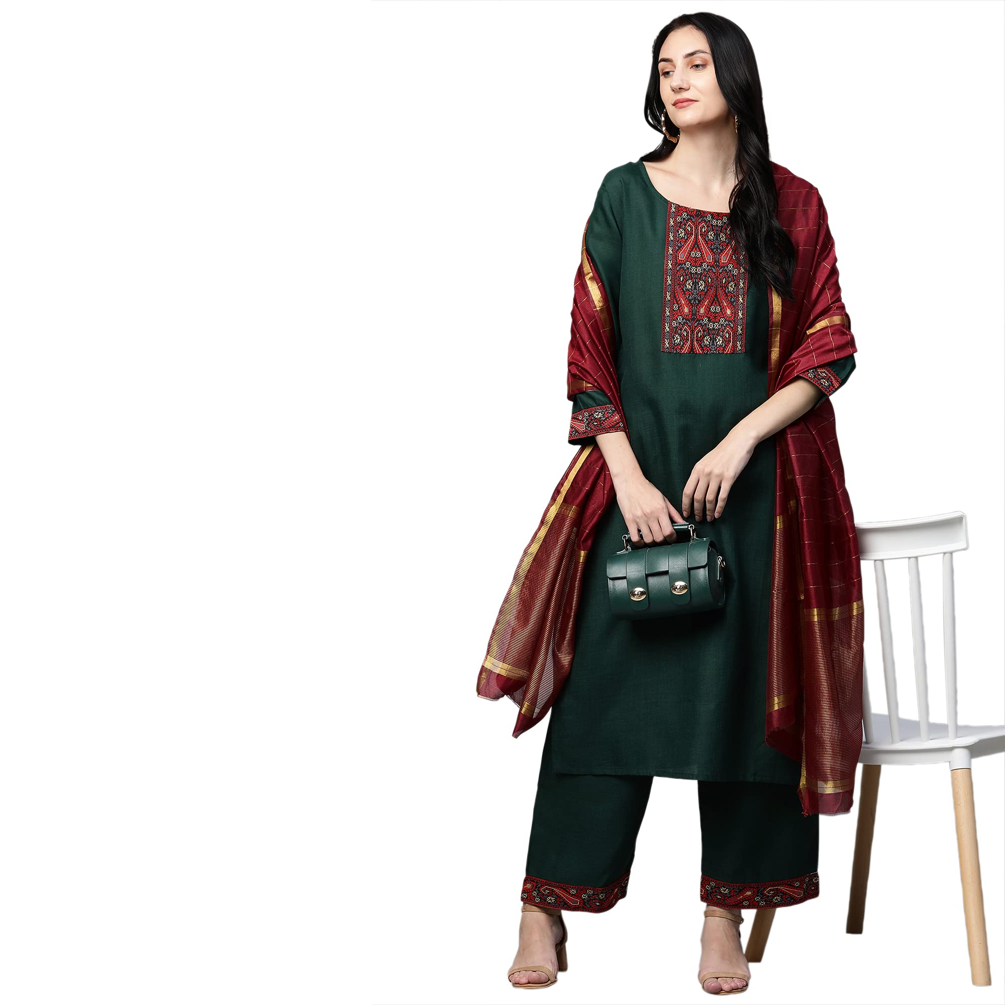 Anni Designer Women'S Cotton Straight Kurta With Palazzo & Dupatta (Morning Green_Xl_Green_X-Large),Green,XL