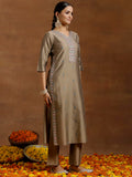 Libas Gerua Womens Embroidered Silk Blend Straight Kurta With Trousers Gold M