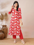 Anni Designer Women'S Cotton Blend Printed Straight Kurta With Pant (Pustak Red-Vks05_Xxl_Red_Xx-Large),Red,2XL,,,
