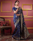 Sugathari Womens Banarasi Saree Pure Kanjivaram Silk Saree Soft New Ladies 2023 Design Wear Pattu Sarees Latest Party Sari Collections With Blouse Piece For Wedding Sadi (San Pari-187 Navy Blue)