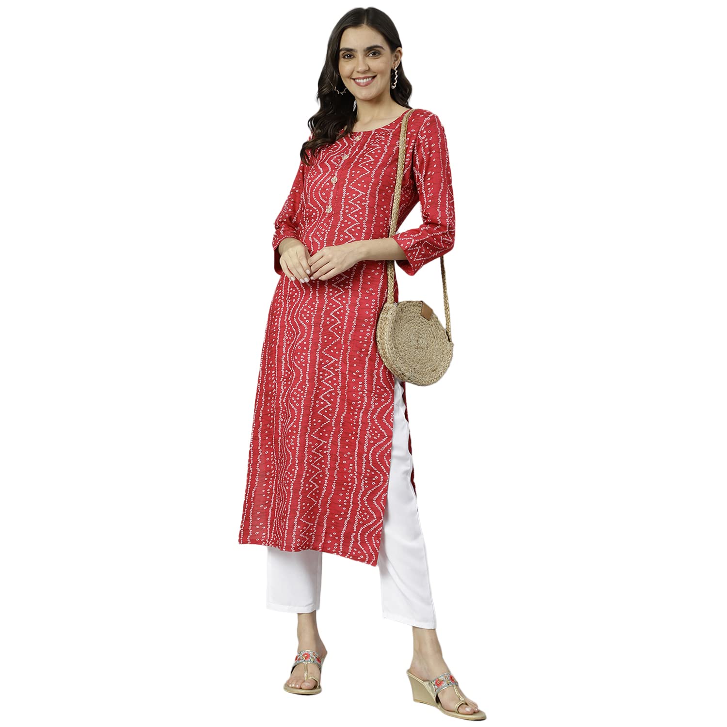 Gosriki Women'S Cotton Blend Printed Straight Kurta (Bandhani Amd Pink_L-Go_Pink_Large),Pink,,B0B5WZ5J5M