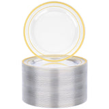 BESTVIP 100PCS Clear Plastic Plate, 7 Inch Disposable Dessert Plate Party with Gold Rim, Heavy Duty Disposable Plastic Plates fo