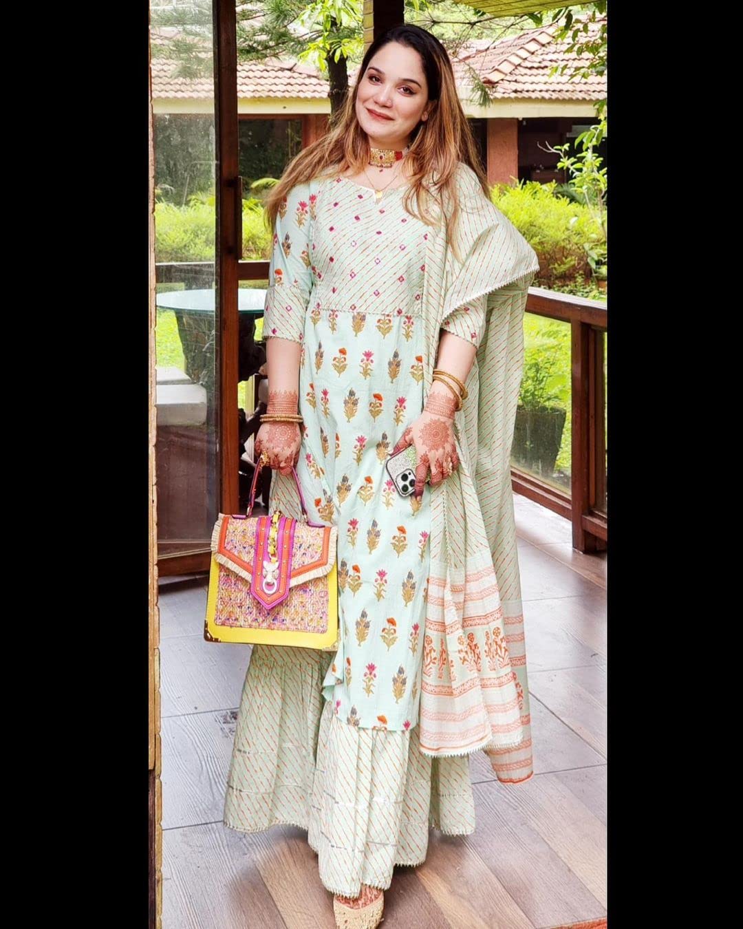 Anni Designer Women'S Cotton Blend Straight Printed Kurta With Sharara & Dupatta (Pato-Nw-Green_M_Green_Medium),Green,M,Cotton Blend,Straight,Dupatta, Kurta