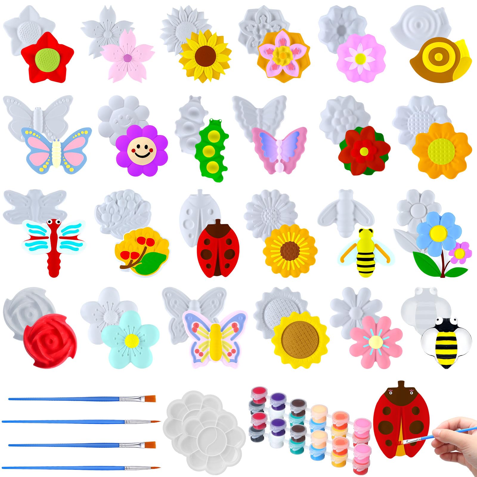 Syhood 24 Pcs Ceramic to Paint Spring Crafts for Kids DIY Painting Kit Figurines Paint Your Own Ceramics Colorful Flower Butterf