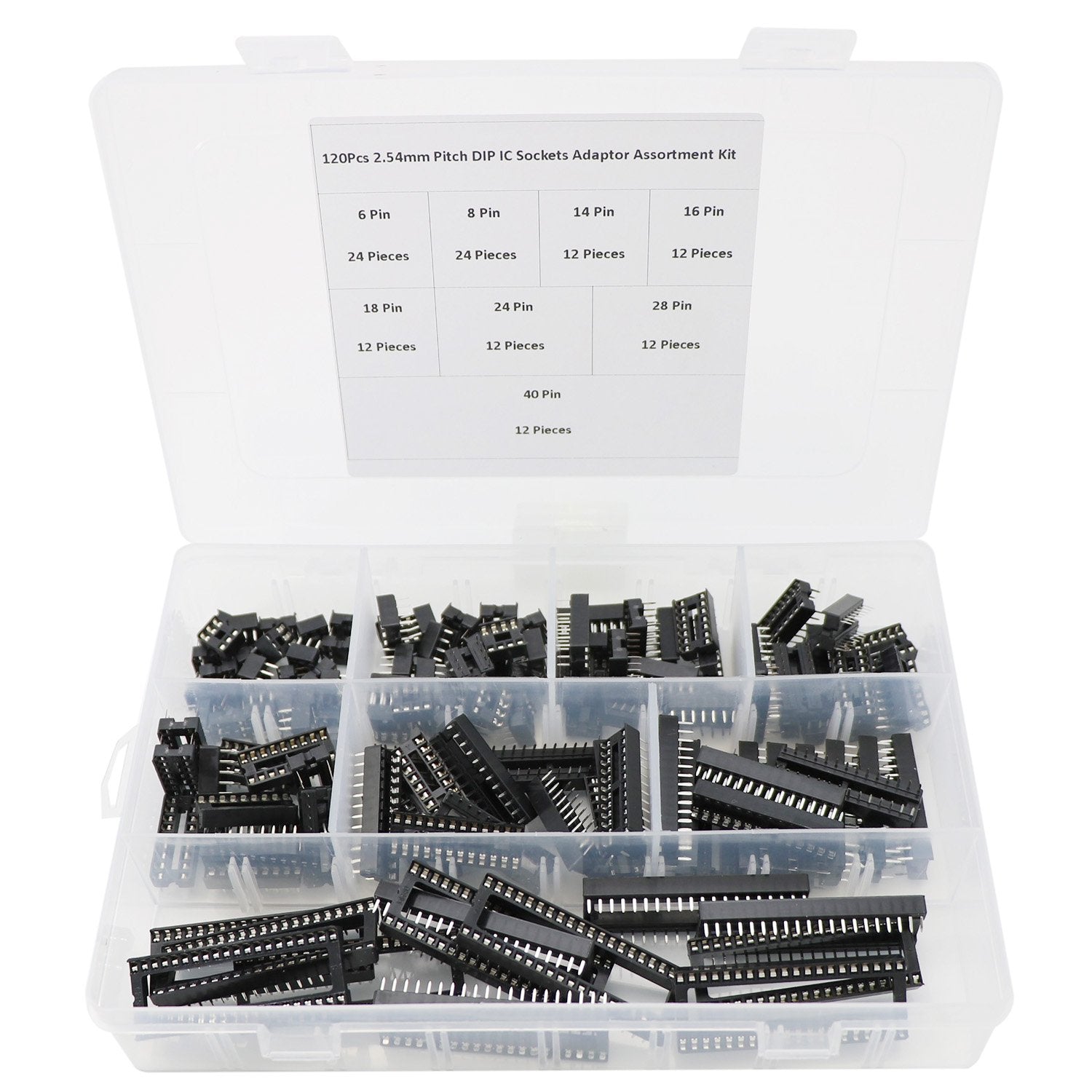 120Pcs 2.54Mm Pitch Dual Row Dip Ic Sockets Solder Type Adaptor Assortment Kit -6/8/14/16/18/24/28/40 Pin Ic Socket