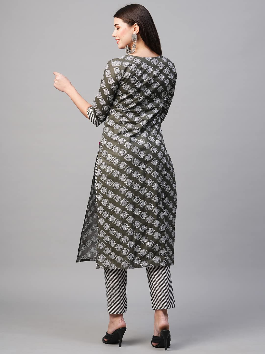 Anni Designer Women'S Cotton Blend Printed Straight Kurta With Pant (Funnu Dark Green_4Xl_Dark Green_Xxxx-Large),Dark Green,4XL,Cotton,Regular,Pants