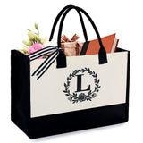 BeeGreen Initial Canvas Tote Bag with Zipper Pocket 13OZ Embroidery Monogrammed Personalized Birthday Gifts for Women, White Wit