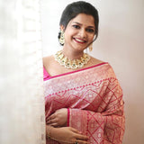 Flosive Womens Kanjivaram Silk Saree With Handloom Weaving Work With Blouse (Pink)