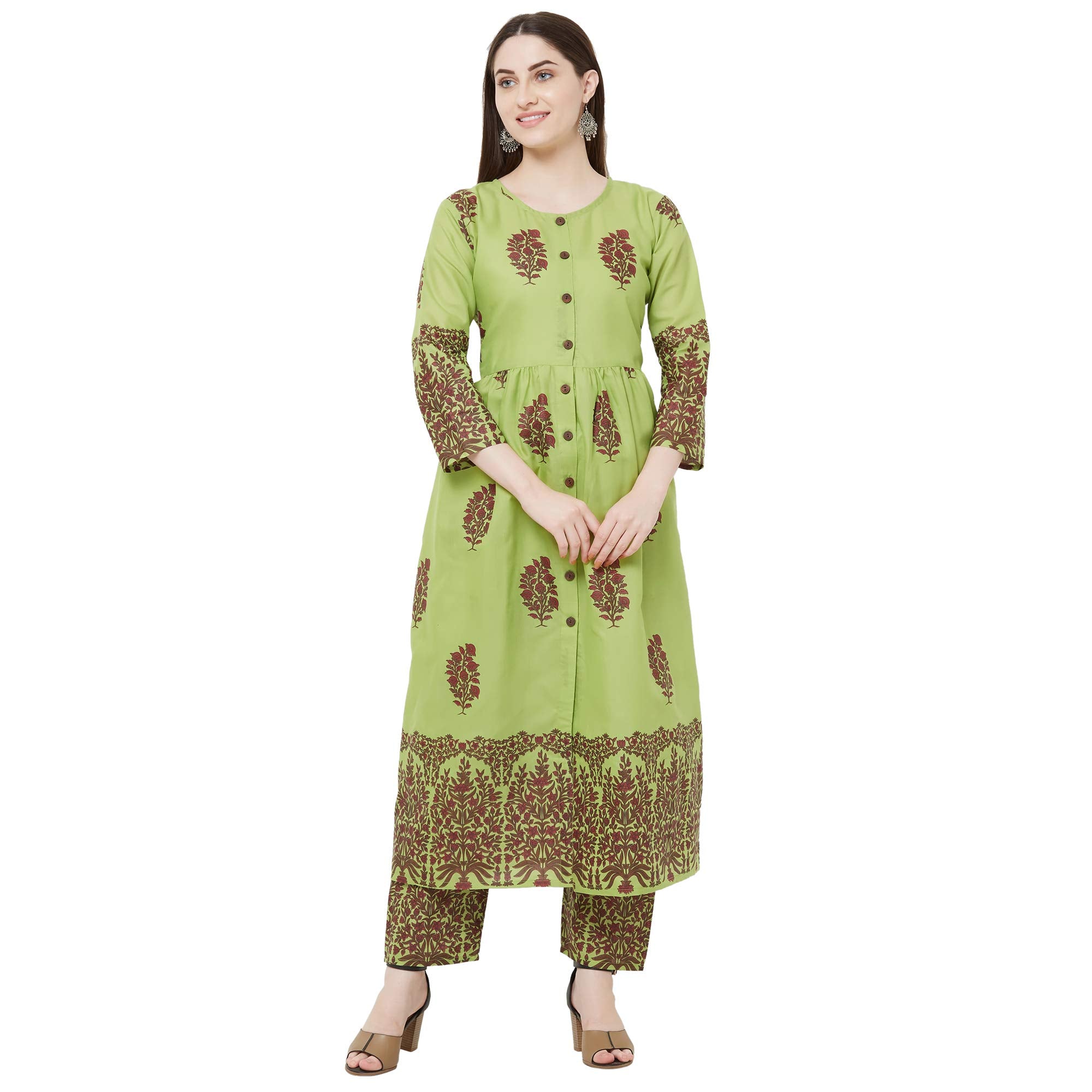 Gosriki Women'S Green Color Cotton Block Printed Kurta With Palazzo Pant Set(Lagan-Green-Xxl),Green,2,B0837WZ1LZ