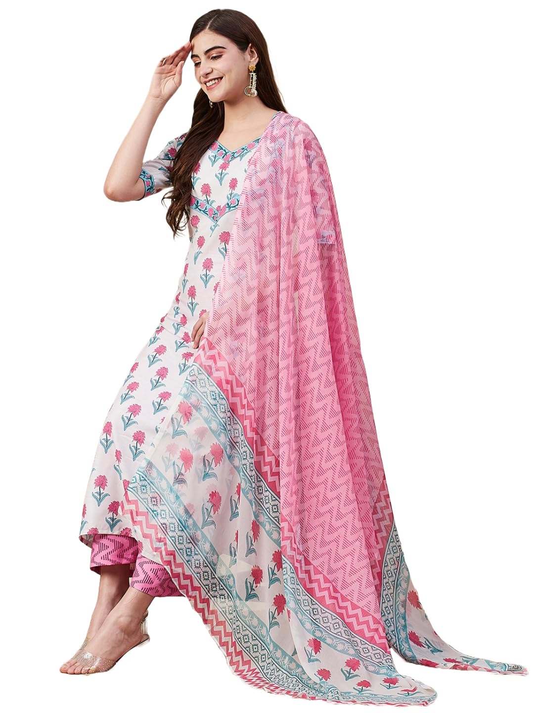 Anni Designer Women'S Cotton Blend Straight Printed Kurta With Pant & Dupatta (Pipad Cream-Nre_Xxl_Cream_Xx-Large),Cream,2XL