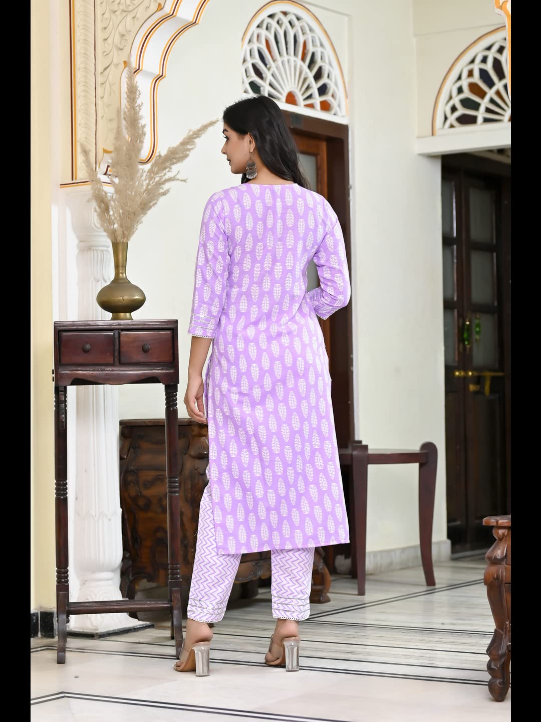 Anni Designer Women'S Cotton Blend Straight Printed Kurta With Pant & Dupatta (Baiyaan Purple-Cmd_L_Purple_Large),Purple,L,Cotton Blend,Regular,Kurta, Scarf
