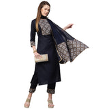 Gosriki Women'S Ruby Cotton Straight Kurta With Pant & Dupatta (Kalakari-Blue-Go_Xl_Blue_X-Large),Blue,,B09S6GSZXX