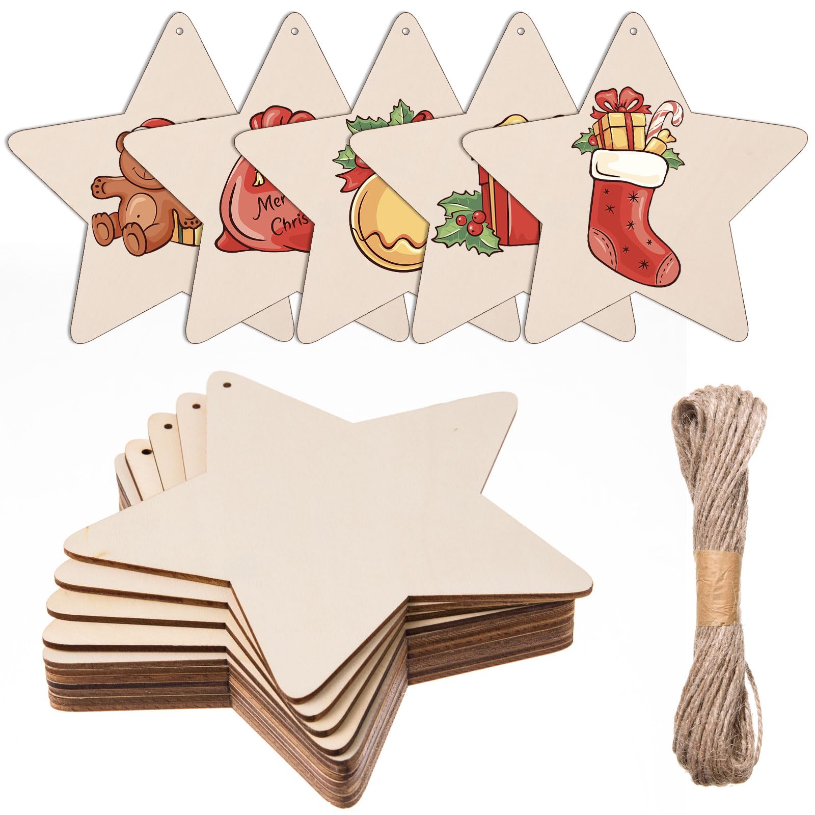12 Pcs 7 Inch Wooden Star Ornaments Unfinished Wood Star Cutouts with Hole Blank Wood Stars Slices Decoration Wood Christmas Tre