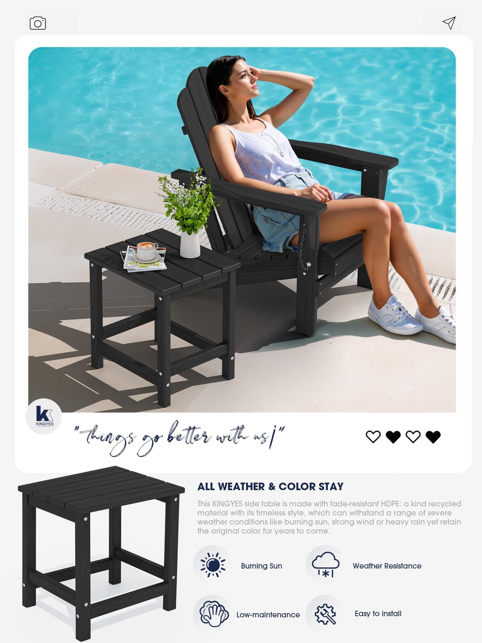 KINGYES Adirondack Side Table, Patio Outdoor Rectangular End Table, Black