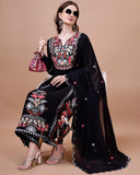 Fashion Basket Women'S Faux Georgette Embroidered Straight Kurta With Dupatta (Small, Black)