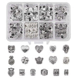 NBEADS 96 Pcs Antique Silver European Beads - 16 Assorted Mixed Shape Tibetan Style Alloy Large Hole Spacer Charms for Bracelet 