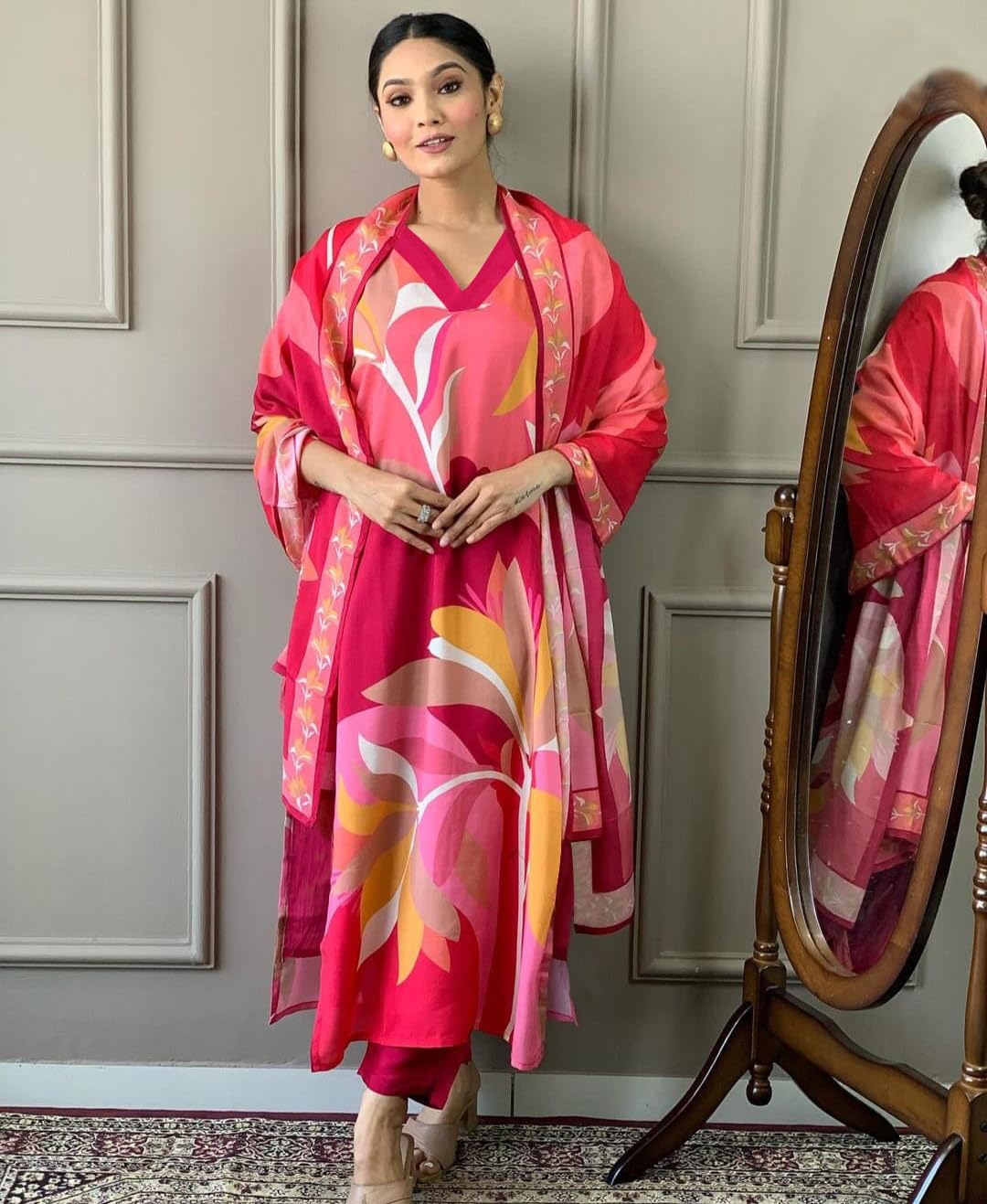 Gosriki Women'S Cotton Blend Printed Straight Kurta With Pant & Dupatta (Tumari Pink-Gs_Xxl_Pink_Xx-Large),Pink,2,B0D383KRMB