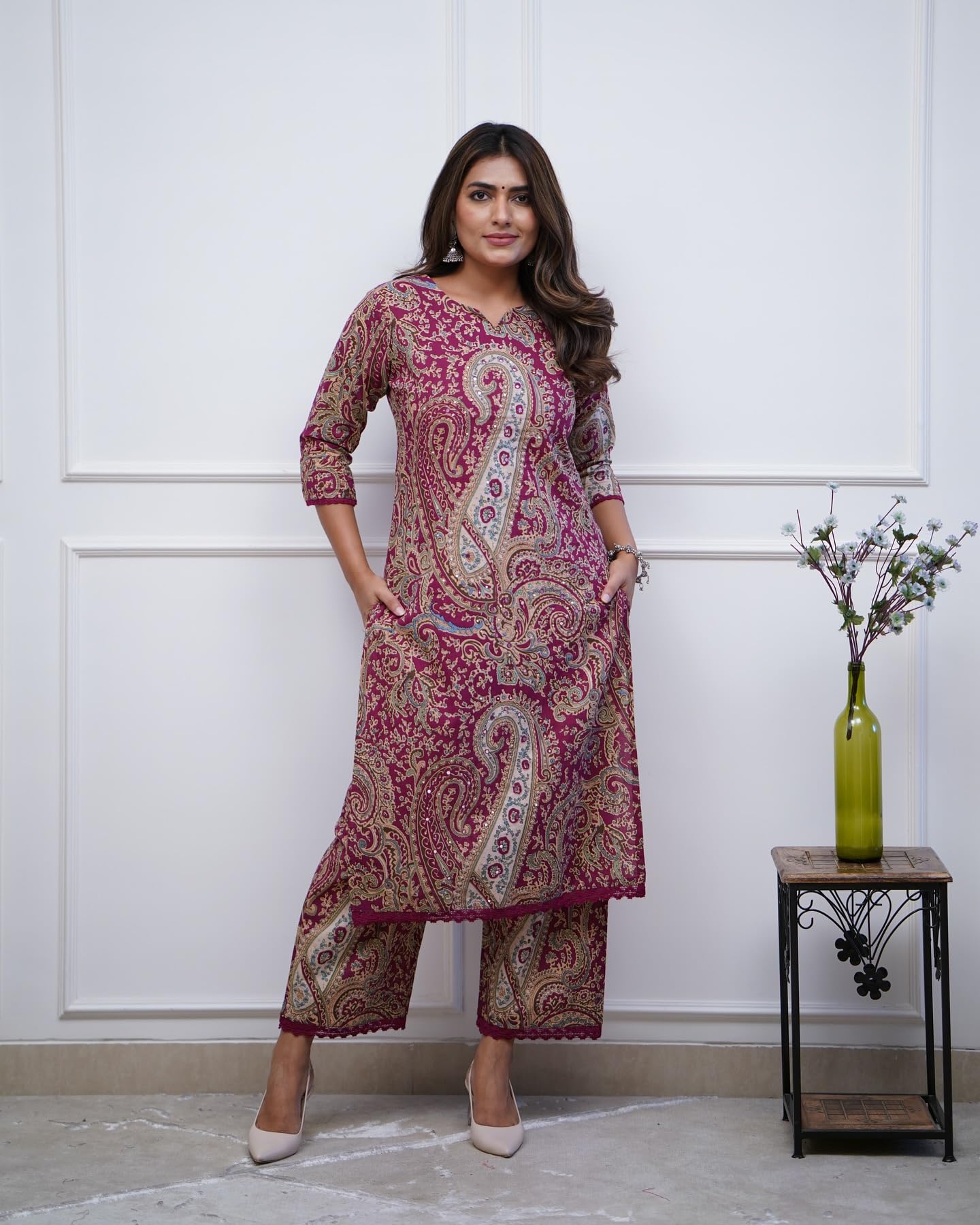 Anni Designer Women'S Rayon Viscose Straight Printed Kurta With Palazzo (Elevate Rani_Xxl_Pink_Xx-Large),Pink,2XL,Rayon,Regular,