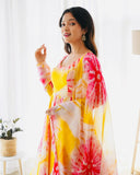 Wedani Women Floral Print Anarkali Kurta With Pant And Duptta (X-Large Yellow),Yellow,XL,Georgette,Anarkali,Dupatta