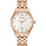 Bulova Ladies Classic Diamond Dial Rose Gold Stainless Steel 3Hand Calendar Date Quartz Watch Style: 97P152