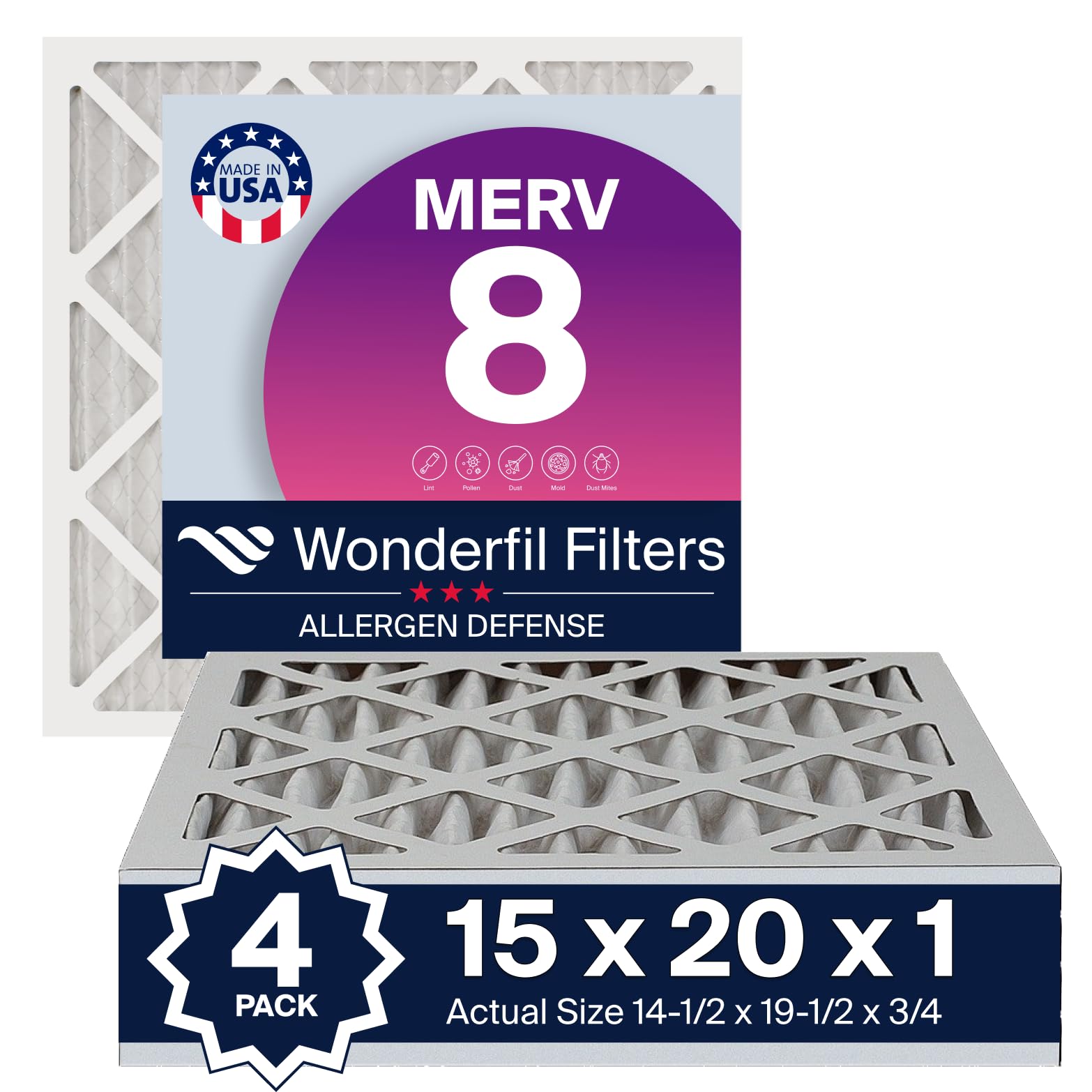 15x20x1 MERV 8 Air Filter (4-Pack) | Wonderfil Filters | Pleated HVAC Design | Perfect Fit for AC & Furnace Systems | Actual Siz